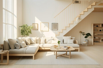 Scandinavian-inspired design with beige staircase, natural light, and a comfortable seating arrangement.