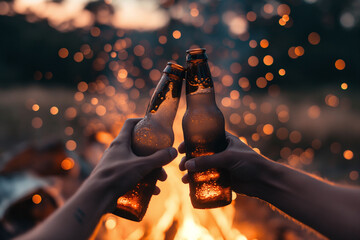 Beer bottles clinking together in an outdoor background