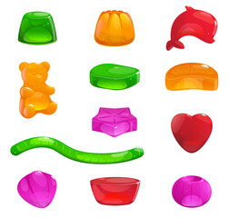 Cartoon jelly sweets. Chewing fruit candies. Colorful tasty gummy animals, hearts and stars. Marmalade bears. Sugar snacks. Delicious gelatin dessert. Vector yummy confectionery set