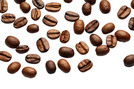 A Pile of Coffee Beans. A cluster of coffee beans neatly arranged on a clean, white surface. The beans are varying shades of brown with an aromatic presence. on White or PNG Transparent Background.