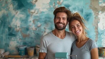 Joyful Couple During Home Renovation, cheerful man and woman, covered in paint splatters, share a joyous moment with a paint roller in hand against a creatively painted wall - Powered by Adobe