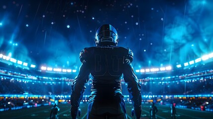 Football Player Standing Alone at Stadium at Night