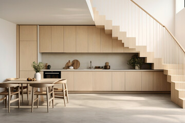 A modern Scandinavian kitchen with clean lines and warm beige accents, showcasing sleek appliances and marble countertops, complemented by a staircase with elegant wooden banisters.