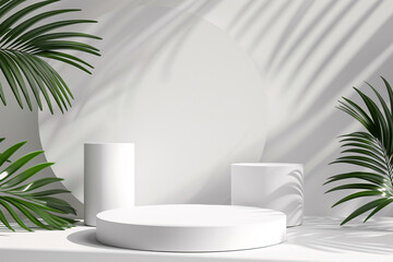 3d podium stand, minimal backdrop, Empty white podium for show product, with tropical leaves