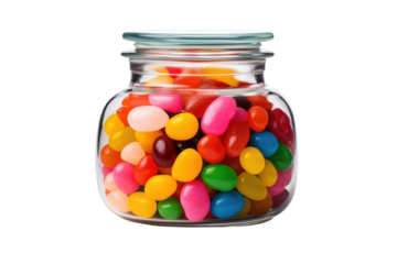 Glass Jar Filled With Assorted Candy. A glass jar brimming with a variety of colorful candies such as gummy bears lollipops and jellybeans. The candy inside the jar overflowing and creates a display.