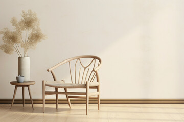 Harmony of beige and Scandinavian design, showcasing a chair, plant, and an open frame for your...