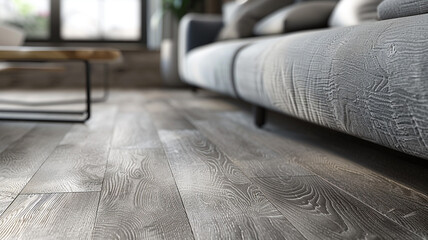 A close-up shot of a contemporary floor design with hardwood planks in a wide format, featuring a matte finish and subtle wire-brushed texture for a modern and sophisticated look.