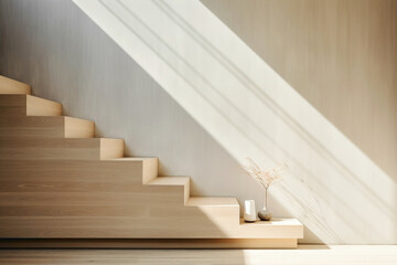 Soft morning light gently illuminating a minimalist Scandinavian staircase, showcasing clean lines and natural wood textures.