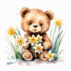 Cute Teddy bear and daffodils watercolor paint