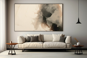Abstract painting in muted tones hanging above a beige sofa, adding a touch of artistic flair to a minimalist living room.