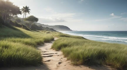 Grass lands landscape leading to beach side from Generative AI