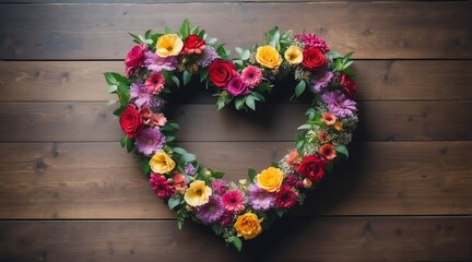 Fototapeta na wymiar Heart shaped wreath of colorful flowers from Generative AI