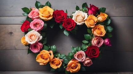 Heart shaped wreath of colorful roses from Generative AI