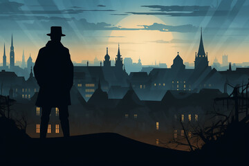 flat silhouette illustration of a detective against the background of the old town at night