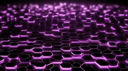 Fototapeta premium Hexagonal grid glowing neon light purple lines and connections on black background, technology network concept from Generative AI