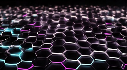 Fototapeta premium Hexagonal grid glowing neon light white lines and connections on black background, technology network concept from Generative AI