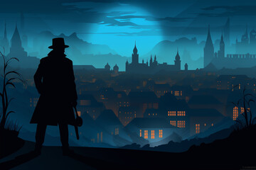 flat silhouette illustration of a detective against the background of the old town at night