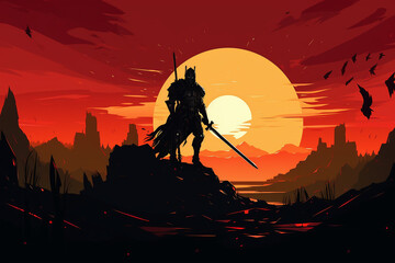flat silhouette illustration of a knight in armor against the background of a battlefield