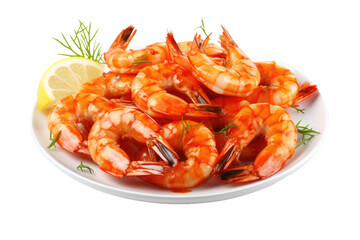 Plate of Shrimp With Lemon Wedge. A white plate holding a pile of succulent shrimp with a vibrant lemon wedge on the side. The shrimp glisten in the light ready to be enjoy as delicious seafood dish.