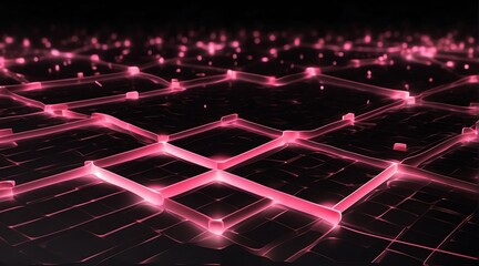 Square grid mesh glowing neon light pink lines and connections on black background, technology network concept from Generative AI