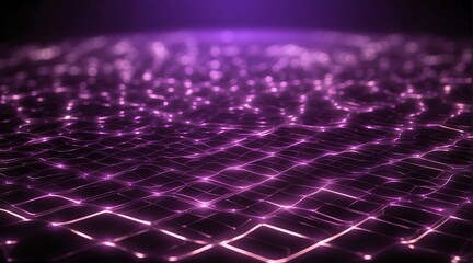 Square grid mesh glowing neon light purple lines and connections on black background, technology network concept from Generative AI