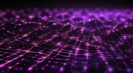 Square grid mesh glowing neon light purple lines and connections on black background, technology network concept from Generative AI