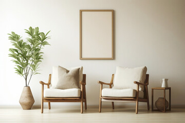 Relish simplicity in a serene beige living room with a single wooden chair, a lively plant, and an empty frame waiting for your expression.