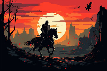 flat silhouette illustration of a knight in armor against the background of a battlefield