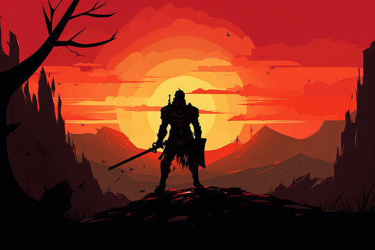 flat silhouette illustration of a knight in armor against the background of a battlefield