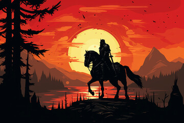 flat silhouette illustration of a knight in armor against the background of a battlefield