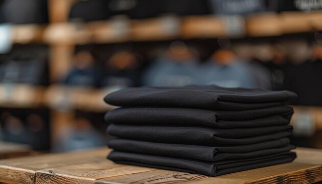 stack of folded black tshirt or tees on wood table