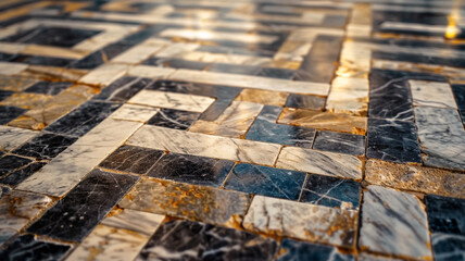 A close-up shot of a luxury floor design with marble mosaic tiles in a classic Greek key pattern, featuring intricate detailing and rich color variations.