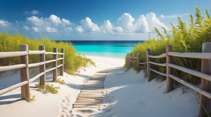 Fenced path to white sand beach from Generative AI