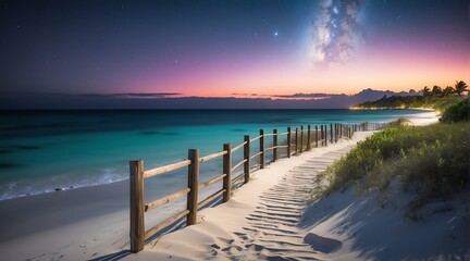 Naklejka premium Fenced path to white sand beach at night from Generative AI