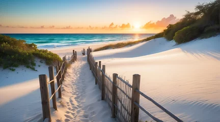 Foto op Canvas Fenced path to white sand beach at sunset from Generative AI © Arceli