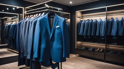 Luxury men clothing blue suit on hanger at high end fashion store boutique from Generative AI - obrazy, fototapety, plakaty
