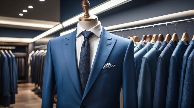Luxury men clothing blue suit on hanger at high end fashion store boutique from Generative AI