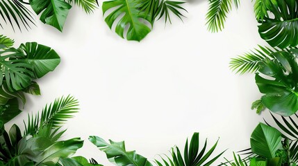 Green tropical leaves frame on white background