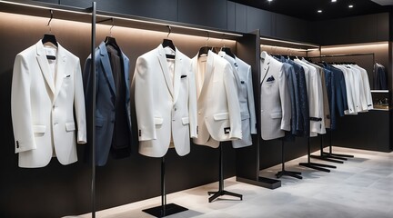 Luxury men clothing white suit on hanger at high end fashion store boutique from Generative AI