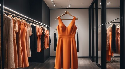 Luxury women clothing sexy orange dress on hanger at high end fashion store boutique from Generative AI - obrazy, fototapety, plakaty