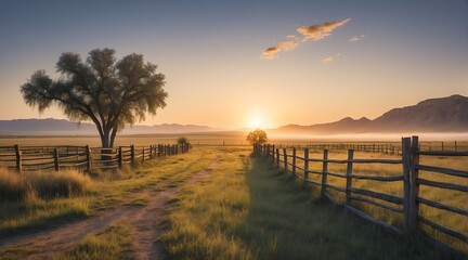 Picturesque landscape of a fenced ranch at sunrise from Generative AI - obrazy, fototapety, plakaty