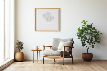 A Scandinavian-inspired living room featuring a minimalistic wooden chair accompanied by a vibrant potted plant, with a vacant frame perfect for copy text.