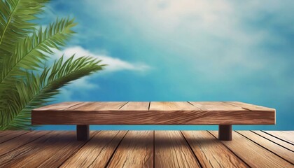 a digital illustration mockup featuring an organic minimalist setting with a wooden table product backdrop and a soothing sky blue wall. Use clean lines and subtle details to convey a modern aesthetic