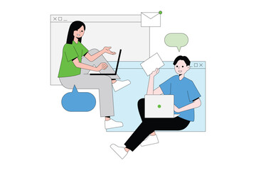 Flat illustration of digital file share and teamwork. Group of people delivering files to effectively share information.