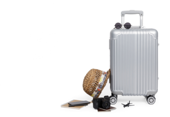 Travel Baggage with passport, camera, hat, airplane toy and smartphone isolated with copy space, Travel concept background, PNG transparency with shadow