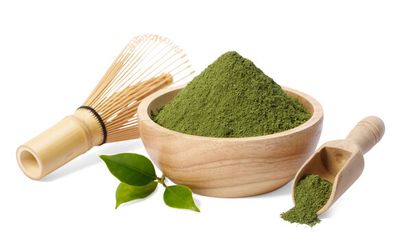 Matcha green tea powder with Japanese wire whisk isolated, Organic product from the nature for healthy with traditional style, PNG transparency with shadow