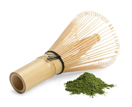 Matcha green tea powder with Japanese wire whisk isolated, Organic product from the nature for healthy with traditional style, PNG transparency with shadow
