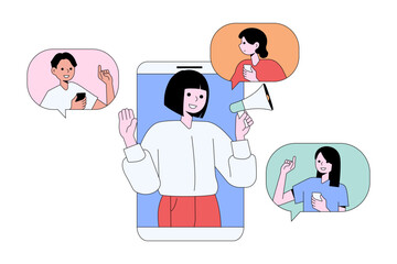 Video conference. Colleagues taking part in video conference in home. Virtual work meeting. Software for online communication. Vector illustration