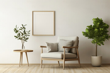 Beige and Scandinavian-inspired living room, showcasing a chair, plant, and an open frame ready for your custom words.