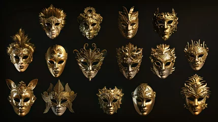 Gordijnen Golden Venetian carnival masks on a black background © Alia